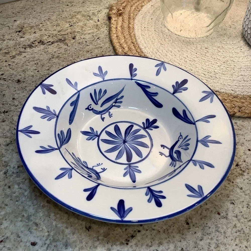 [Two] Evandale Blue and White Bird Print Stoneware Bowl Set of 2